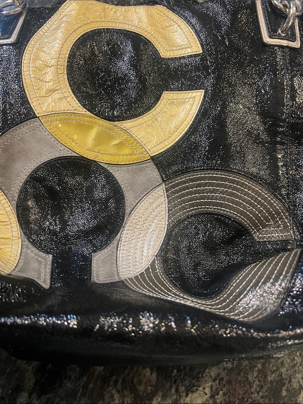 Coach patent leather Black Tote with gold and Gray suede C’s - Picture 2 of 11